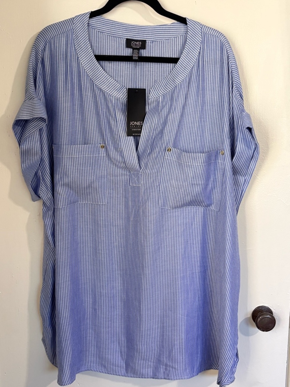 Jones New York Blue Stripe V Neck Blouse 3X Short Sleeve NWT